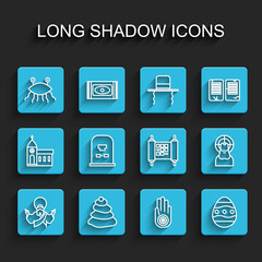 Set line Jesus Christ, Stack hot stones, Pastafarianism, Jainism or Jain Dharma, Easter egg, Tombstone with RIP written, and Decree, paper, parchment, scroll icon. Vector