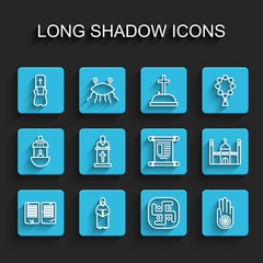 Set line The commandments, Monk, Priest, Jainism, or Dharma, Church pastor preaching, Muslim Mosque and Decree, paper, parchment, scroll icon. Vector