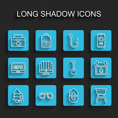 Set line Tree, Binoculars, First aid kit, Rafting boat, Barbecue grill, Location of the forest monitor, Calendar with tree and Shovel icon. Vector