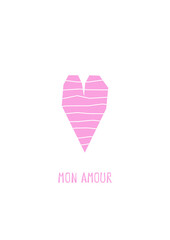 Vector illustration with flat geometric heart with stripes and text - Mon Amour on white background. Template for greeting card to show love and sympathy. Vertical minimalistic banner