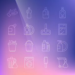 Set line Trash can and garbage bag, Dishwashing liquid bottle plate, Cleaning service for windows, Fabric softener, Bottles cleaning agent, Washing hands with soap and Mop icon. Vector