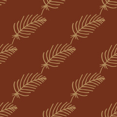Seamless pattern with beige feathers on brown background. Vector image.