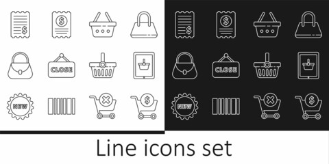 Set line Shopping cart and dollar, basket on tablet, Hanging sign with Closed, Handbag, Paper check financial check, and icon. Vector