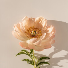 Delicate beige peony flower with sunlight shadows on neutral white background