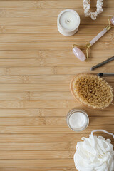 Spa, wellness concept with bath products on wooden background