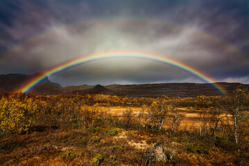 Fototapeta na wymiar Rainbow and Autumn Storm Close to Beitostolen, Norway