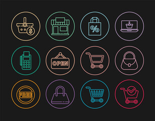 Set line Shopping cart with check mark, Handbag, Shoping percent discount, Hanging sign Open, POS terminal credit card, basket dollar, and building or market store icon. Vector