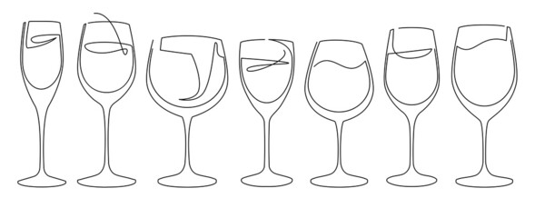 Set of glass goblets for wine and drinks. Continuous line drawing. Isolated on white background. Vector illustration.