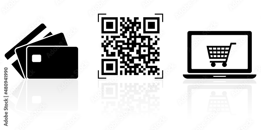 Poster web and internet business concept vector icon set, online shopping, credit card and qr code symbols 