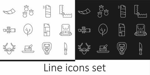 Set line Hunter knife, Hiking backpack, Pepper spray, Tree, Sniper optical sight, Hunting horn, Lighter and Paw print icon. Vector