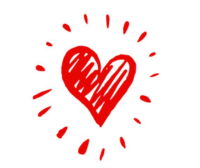 Heart symbol with sunburst, hand drawn illustration.