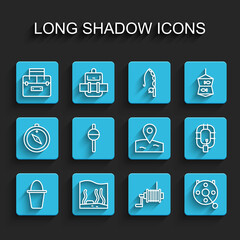 Set line Fishing bucket, Aquarium, Case container for wobbler, Spinning reel fishing, float, Inflatable boat and Location icon. Vector