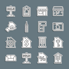Set line House, with key, Online real estate house, Market store, Skyscraper, Realtor, Hanging sign Sale and plan icon. Vector