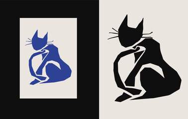 Matisse Abstract Art, Black Cat Print, Matisse Black Cat Cut Outs Printable Art. Henri Matisse. Design for wall decor, print, card background, social media, cover. Vector illustration.
