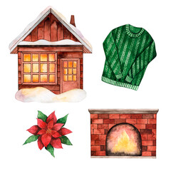 Watercolor cozy winter set. Forest wooden house in the snow. Fireplace. Green knitted sweater. Poinsettia. Christmas interior.