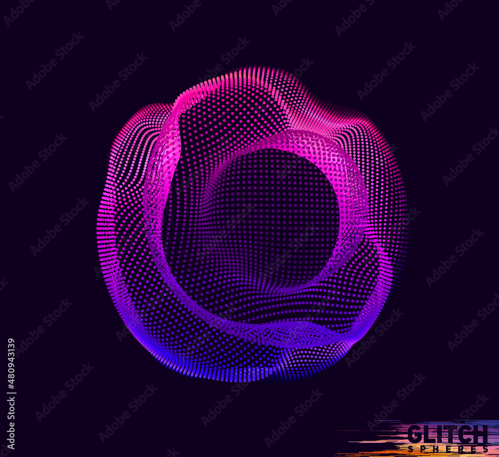 Sticker corrupted violet point sphere. abstract vector colorful mesh on dark background. futuristic style ca