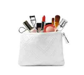Stylish cosmetic bag with makeup products on white background