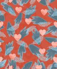 Vector colorful seamless pattern with illustration of leafs and hearts. Flyers, invitation, poster, brochure, banner. Happy Valentines Day