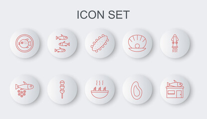 Set line Seafood store, Fish with caviar, cucumber, Mussel, Puffer fish on plate, Fishes, Takoyaki stick and Soup shrimps icon. Vector