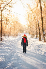 Fototapeta na wymiar Rear view of little girl 10 years old in a red hat in a winter forest with sunlight. A little girl is having fun on a winter day. cheerful little girl in a warm jumpsuit