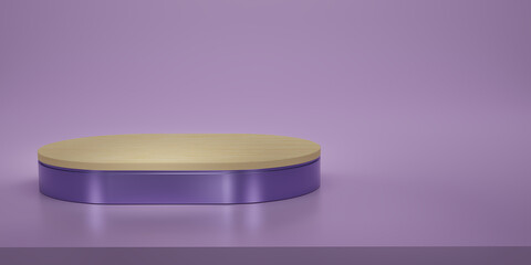 Shiny purple with wood oval pedestal or podium in studio backdrops. Purple melallic oval. Blank display or clean room for showing product. Copy space. Minimalist mockup for showcase. 3D rendering.