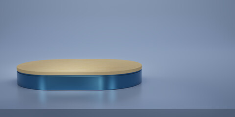 Shiny blue with wood oval pedestal or podium in studio backdrops. Blue melallic oval. Blank display or clean room for showing product. Copy space. Minimalist mockup for showcase. 3D rendering.
