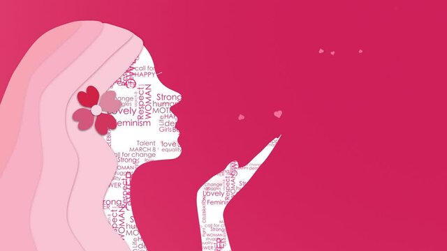 Concept pretty woman profile silhouette woman's day holiday word cloud on pink seamless loop copy space background animation.