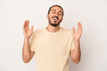 Fototapeta premium Young caucasian man isolated on white background joyful laughing a lot. Happiness concept.