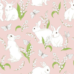 Fototapeta na wymiar Cute bunny in Spring Bloomy garden with Lilies of the valley florals and white butterfly vector seamless pattern. Vintage romantic nature hand drawn print. Cottage core aesthetic background.