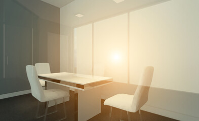 Open space office interior with like conference room. Mockup. 3D rendering.. Sunset.. Sunset.