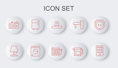 Set line House, Table lamp, Security camera, Electric kettle, Refrigerator, Washer and Heating radiator icon. Vector