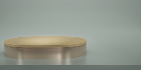 Shiny pink with wood oval pedestal or podium in studio backdrops. Pink melallic oval. Blank display or clean room for showing product. Copy space. Minimalist mockup for showcase. 3D rendering.
