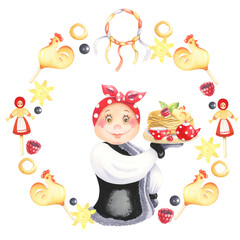 Watercolor wreath on the theme of the Russian holiday of the carnival. Russian translation wide Maslenitsa Watercolor character woman.
