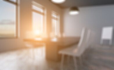 Modern office Cabinet.  3D rendering.   Meeting room. Sunset. Abstract blur phototography.