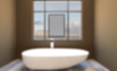 Obraz na płótnie Canvas Spacious bathroom in gray tones with heated floors, freestanding. Abstract blur phototography.