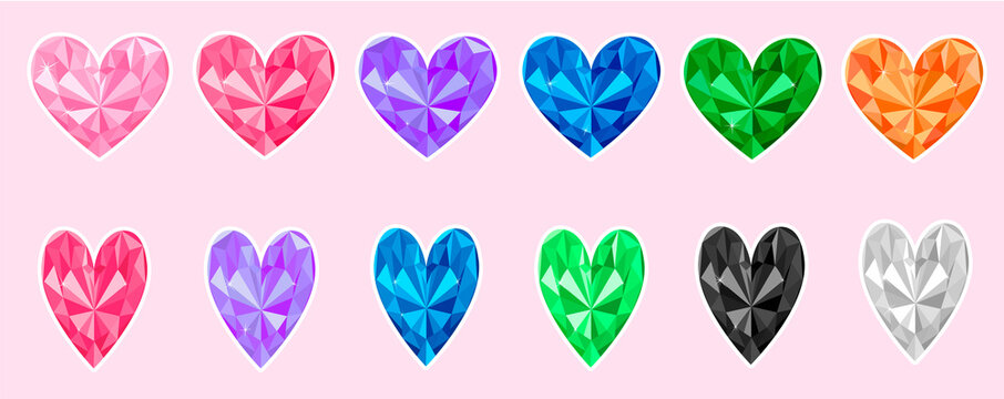 Hearts Gemstone Sticker Printable. Valentines Heart Diamonds Vector Illustration