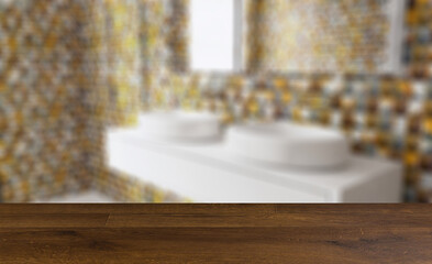 Fototapeta na wymiar Clean and fresh bathroom with natural light. 3D rendering.. Background with empty table. Flooring.
