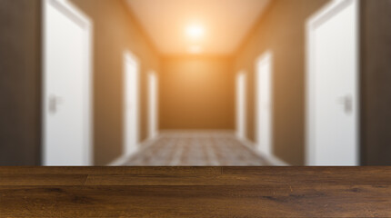 Obraz premium The Corridor in office building. 3D rendering. Sunset.. Background with empty table. Flooring.