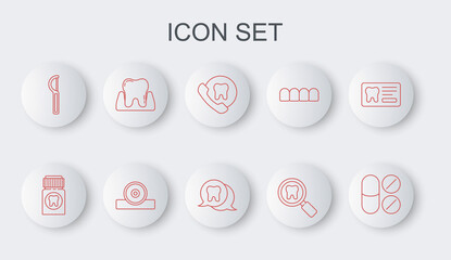 Set line Painkiller tablet, Online dental care, Dental search, floss, Tooth, Otolaryngological head reflector and icon. Vector