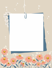 Sheets of paper connected with a paperclip hang on a thread. Note paper and pink wild flowers on a beige background. Vector illustration, flat style