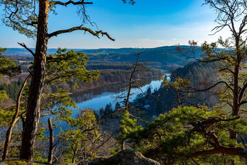 Vltava river near Tyn nad Vltavou town. Czechia. Romantic natural scenery.