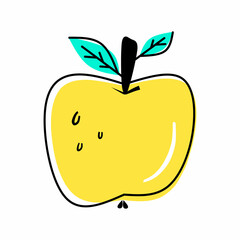 Cartoon bright yellow apple with leaves