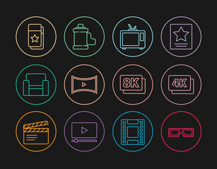 Set line 3D cinema glasses, 4k Ultra HD, Retro tv, Online play video, Cinema chair, ticket, 8k and Camera film roll cartridge icon. Vector