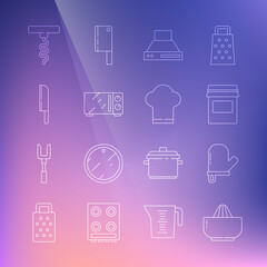 Set line Citrus fruit juicer, Oven glove, Jam jar, Kitchen extractor fan, Microwave oven, Knife, Wine corkscrew and Chef hat icon. Vector