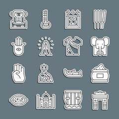 Set line India Gate in Delhi, Indian spice, Elephant, Independence day, Hands praying position, Hamsa hand, Monkey and man dress icon. Vector