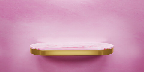 Empty gold and pink marble shelf on pink wall. Pink Oval marble and gold sheet. Pedestal. Blank display for showing product. Copy space. Minimalist mockup for showcase. 3D rendering illustration.