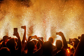 Crowd enjoying a show, people using cell phones, fireworks, party in the background fun concept.