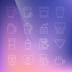 Set line Coffee cup, paper filter, Glass with water, machine, French press, and Manual coffee grinder icon. Vector