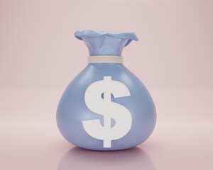 3D rendering  moneybag  simple cartoon. Blue money bag icon, Moneybag isolated on pink background. Cashless society concept. Growth, income, savings, investment, wealth. 3d rendering