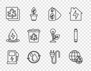 Set line Electric car charging station, Planet earth and recycling, Tag with leaf, Recycle clean aqua, bin recycle, plug and Fluorescent lamp icon. Vector